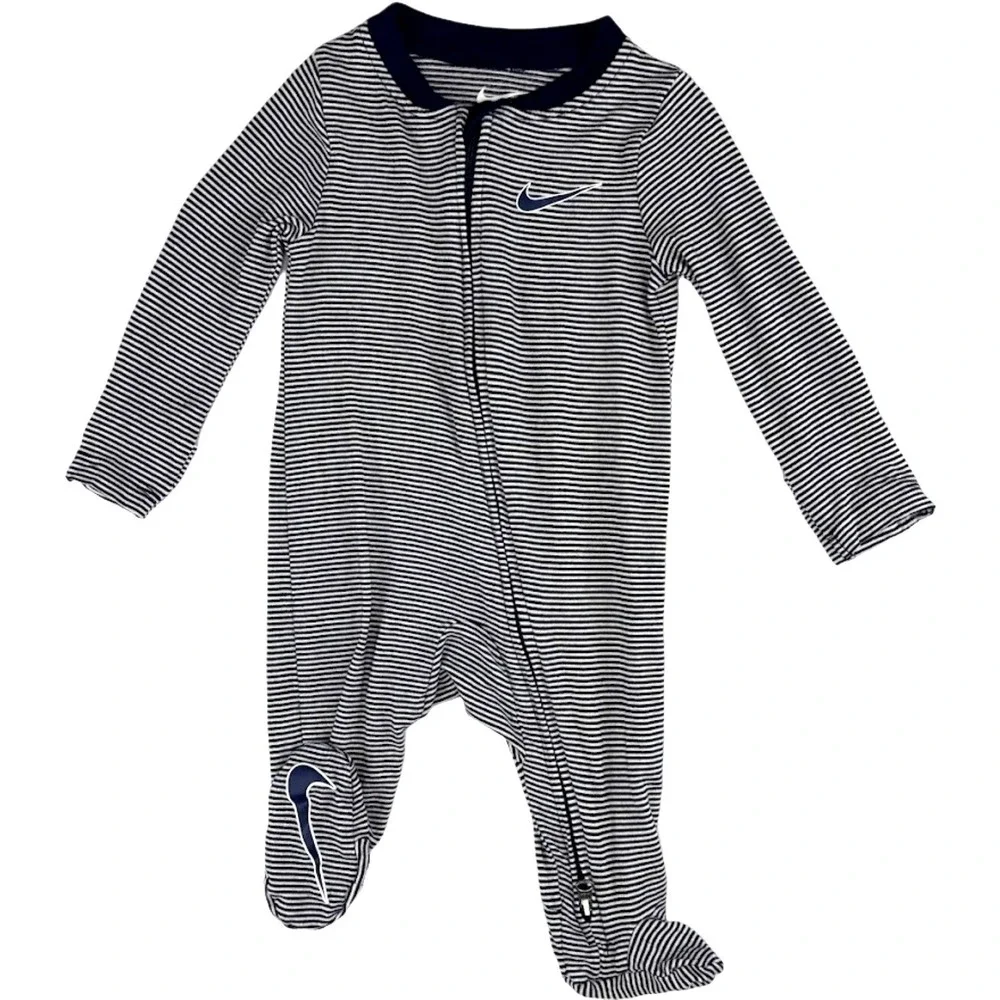 Nike Baby 3 Mo Footed Viscose Pajamas Sleeper Striped Navy Blue White Zip Swoosh